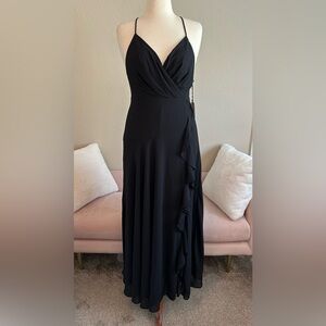 NWT ASTR the Label Revolve Black Dress Holland Maxi Ruffle Cross Strap Back Sz L